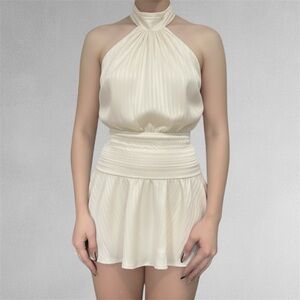Vintage Thirdy Charm Silk Pleaded Backless Halter Tie Mini Dress